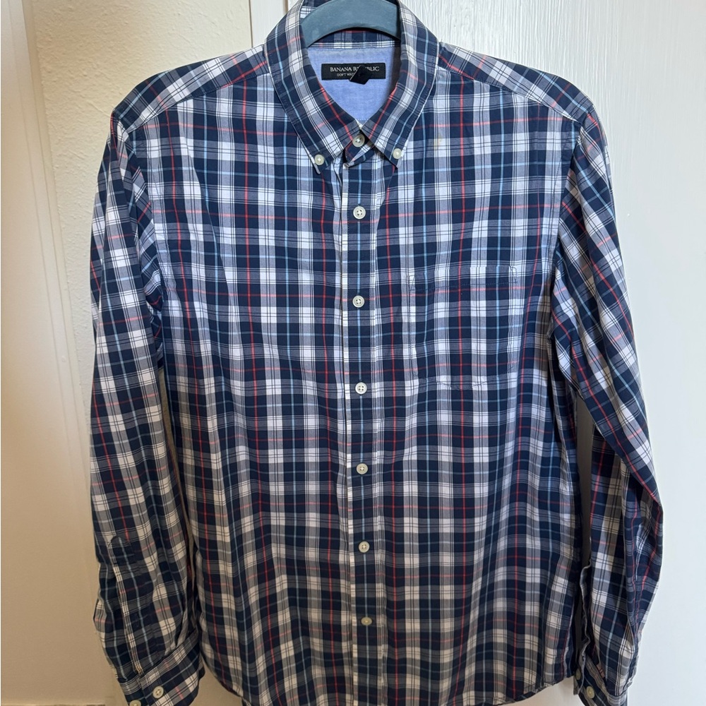 Banana Republic Men's Red and Blue Plaid Shirt